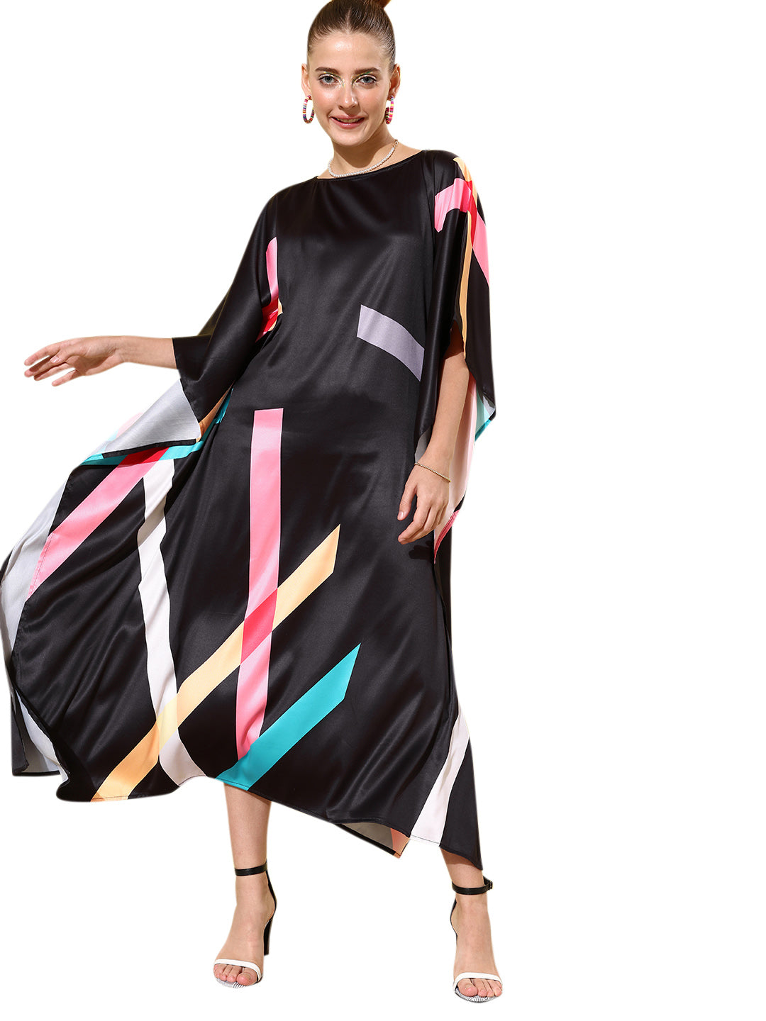 Women's Satin Black & Multicoloured Kaftan Dress