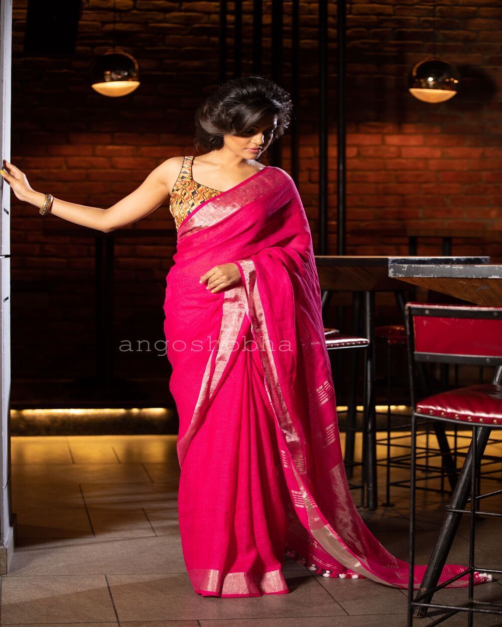 Women's Rani Pink Handwoven Linen Saree