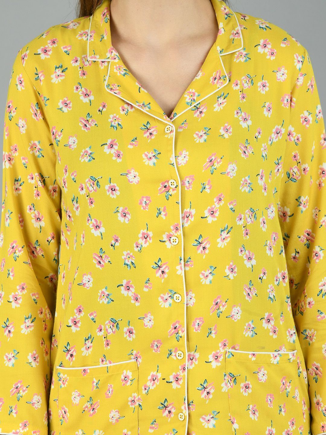 Women's Yellow Cotton Printed Full Sleeve Shirt Collar Casual Shirt Pyjama Set