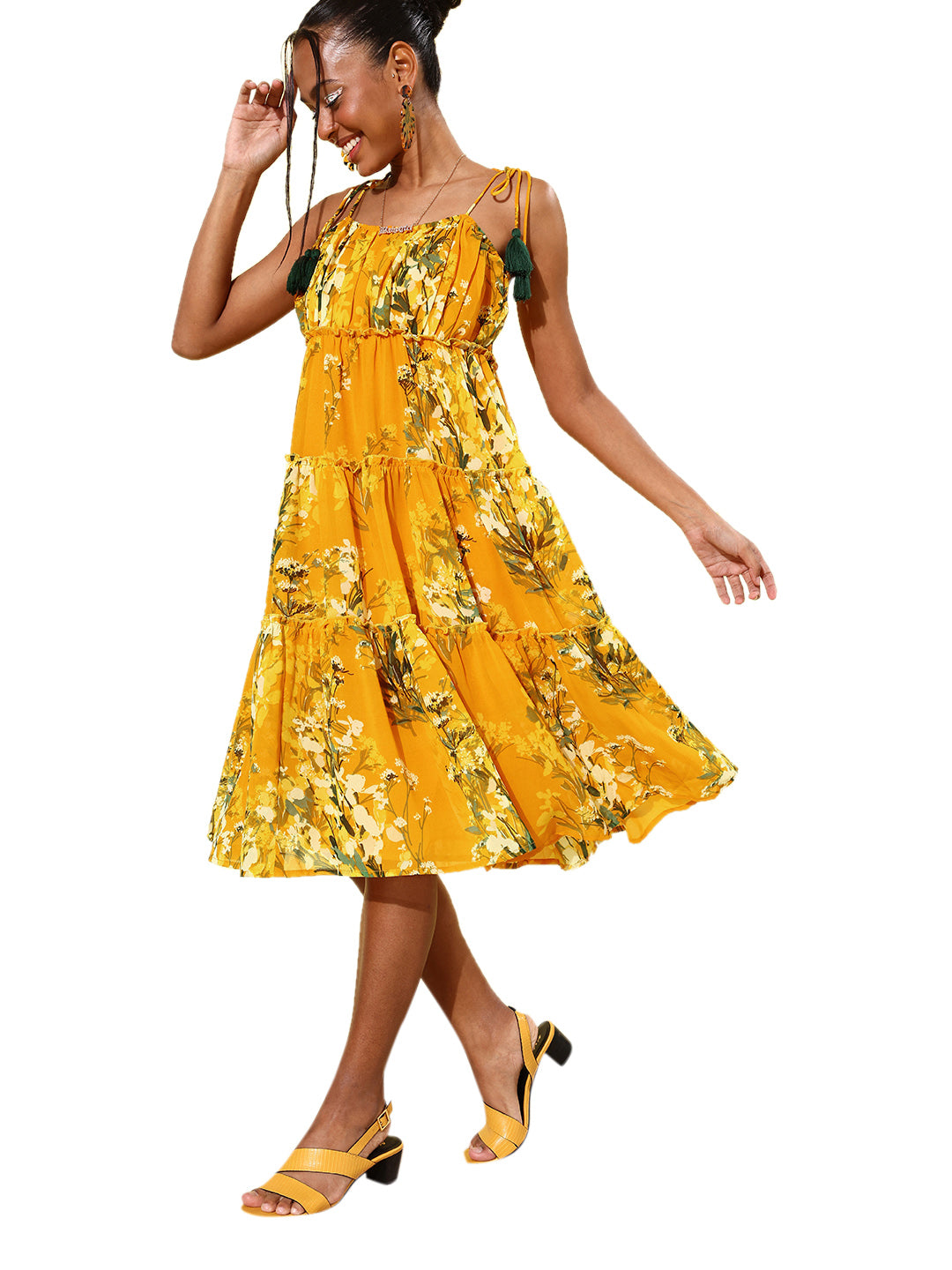 Women's Floral Tier Midi Dress with String Tie Ups- Yellow