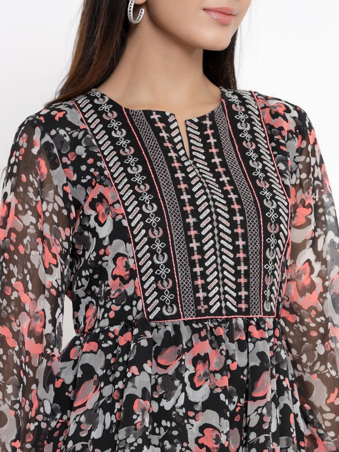 Women's Black Chiffon Printed Flared Dress