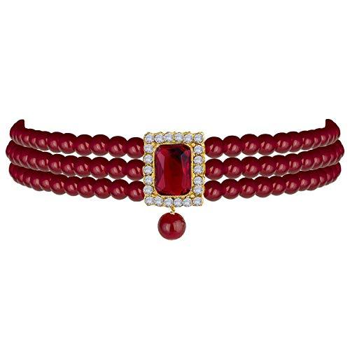 Women's Gold Plated Maroon Handcrafted Stone Studded Pearl Choker Necklace Jewellery Set With Earrings
