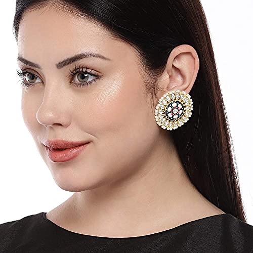 Women's Gold Plated Round Kundan Pearl Meena Work Handcraft Blue Stud Earring