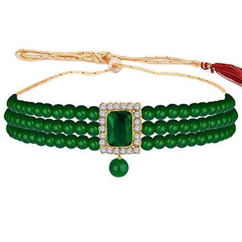 Women's Gold Plated Handcrafted Green Stone Studded Pearl Choker Necklace Jewellery Set With Earrings