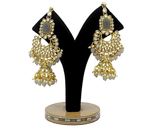 Women's 18kgold plated traditional handcrafted faux kundan pearl studded bridal necklace set with earrings maangtikkaij401w