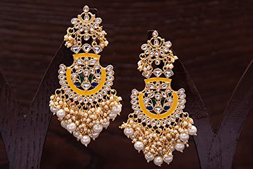 Women's 18K Gold Plated Traditional Handcrafted Meenakari Chandelier Earrings Glided With Pearl (E3008Y)