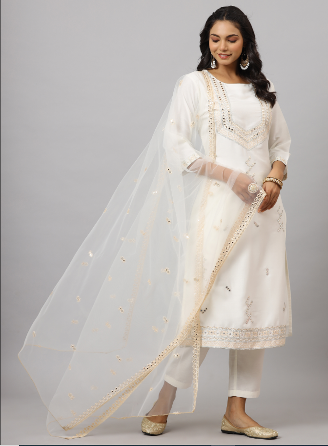 Women's White CHINON Solid Embroidered Kurta Set