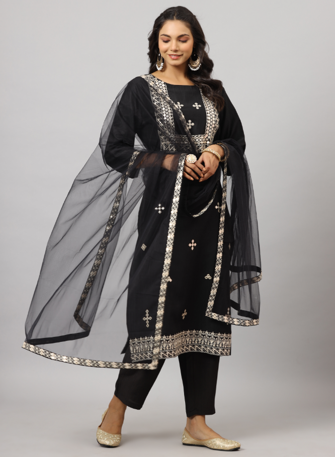 Women's Black CHINON Solid Embroidered Kurta Set