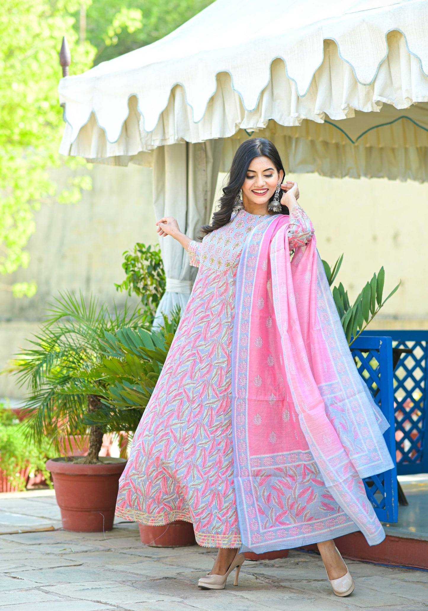 Women's Pink Handblock Dupatta Set