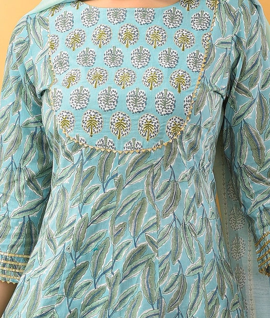 Women's Blue Handblock Dupatta Set