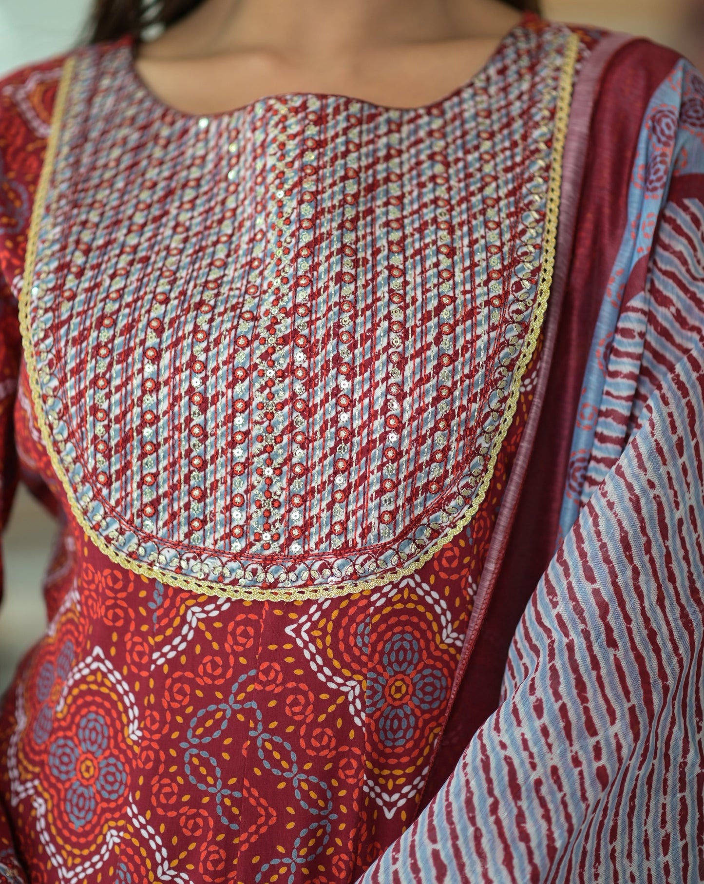 Women's Red Handblock Dupatta Set