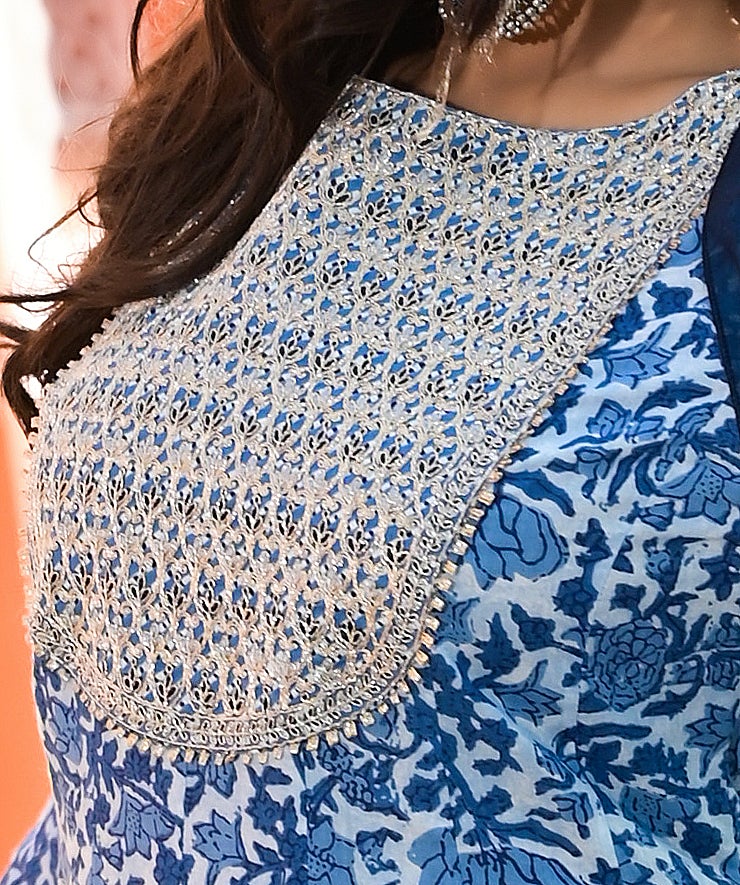 Women's Blue Handblock Dupatta Set
