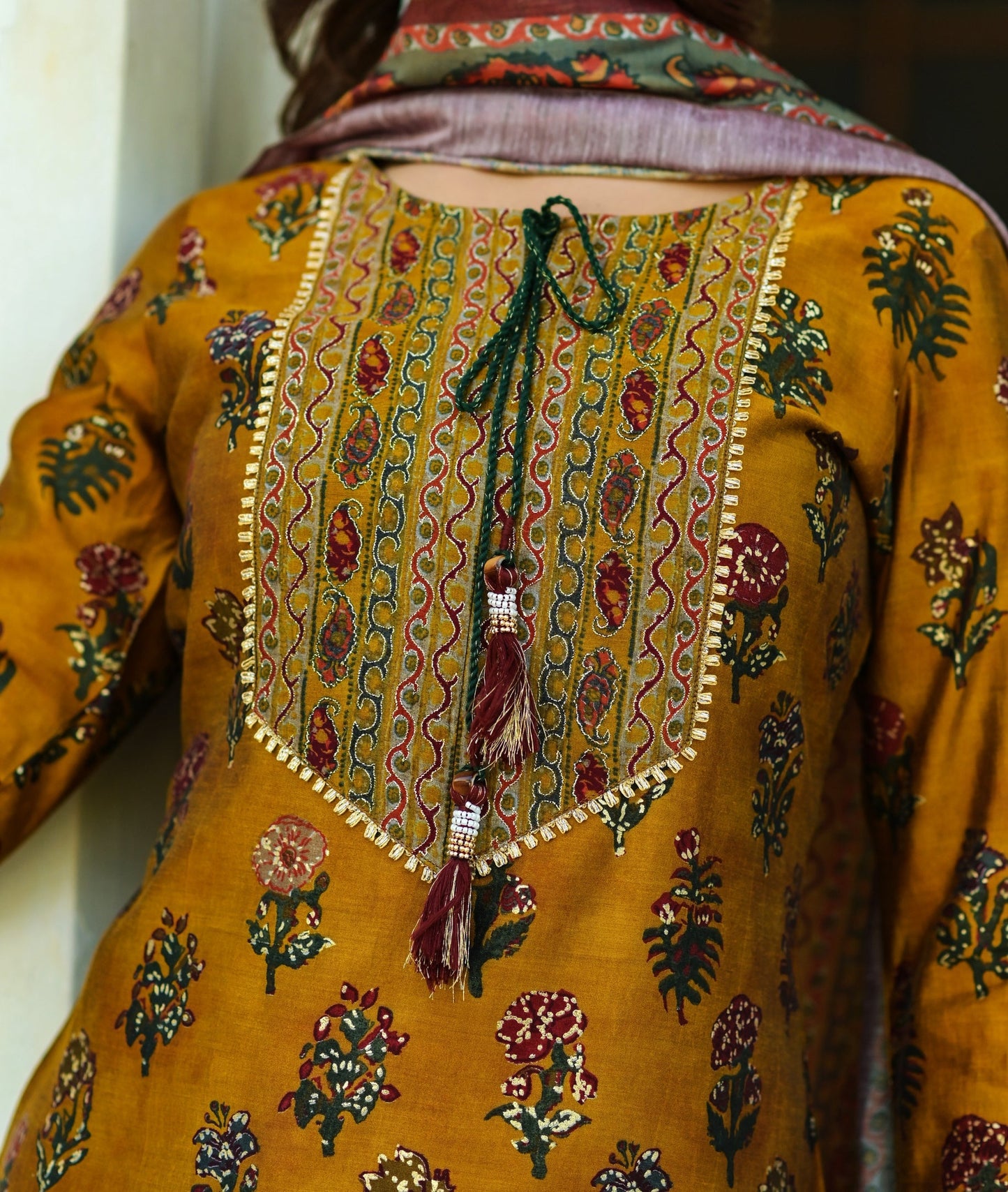 Women's Mustard Handblock Dupatta Set