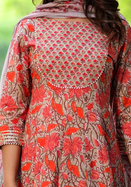 Women's Red Handblock Dupatta Set