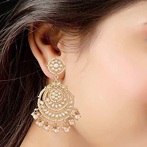 Women's Gold Plated White Beaded Chandbali Earrings Glided With Kundans & Pearls