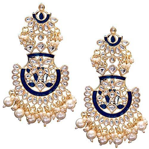 Women's Gold Plated Meenakari Blue Earrings Glided With Kundans & Pearls