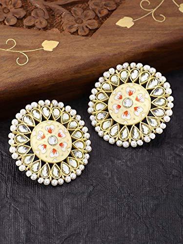 Women's Gold Plated Round Kundan Pearl Meena Work Handcraft Cream Stud Earring