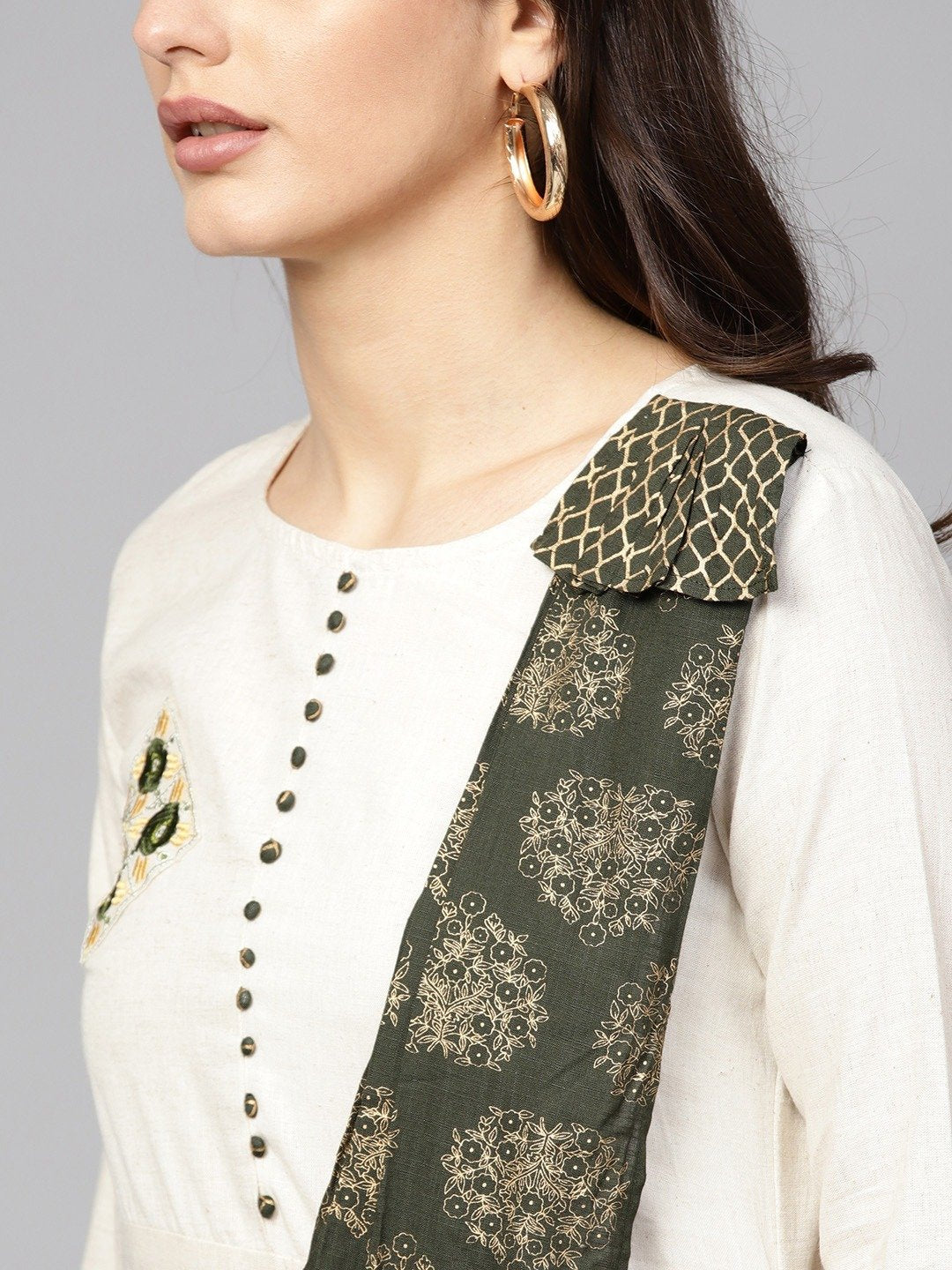 Women's Off-White & Green A-Line Kurta