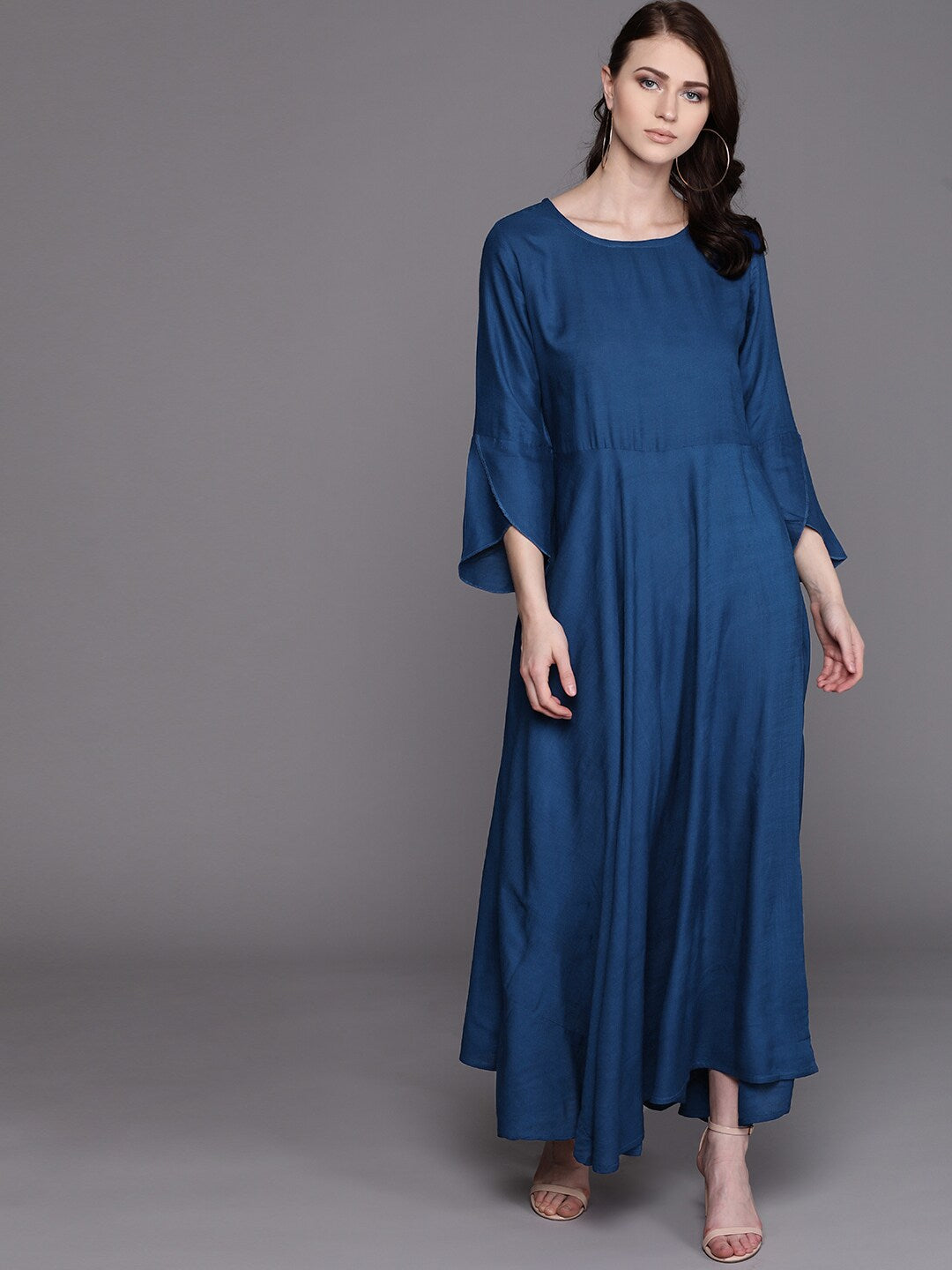 Women's Blue Maxi Gown with Floral Embroidered Jacket