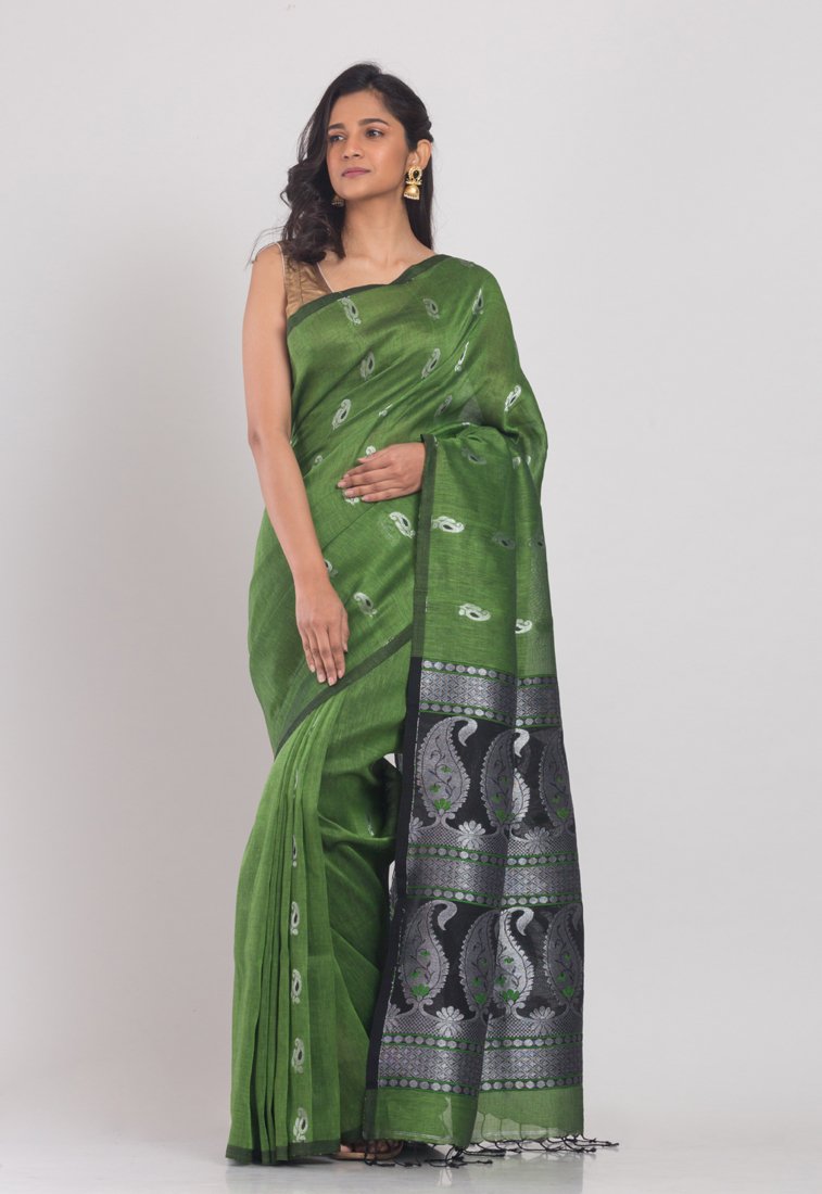 Women's Green cotton linen handloom saree