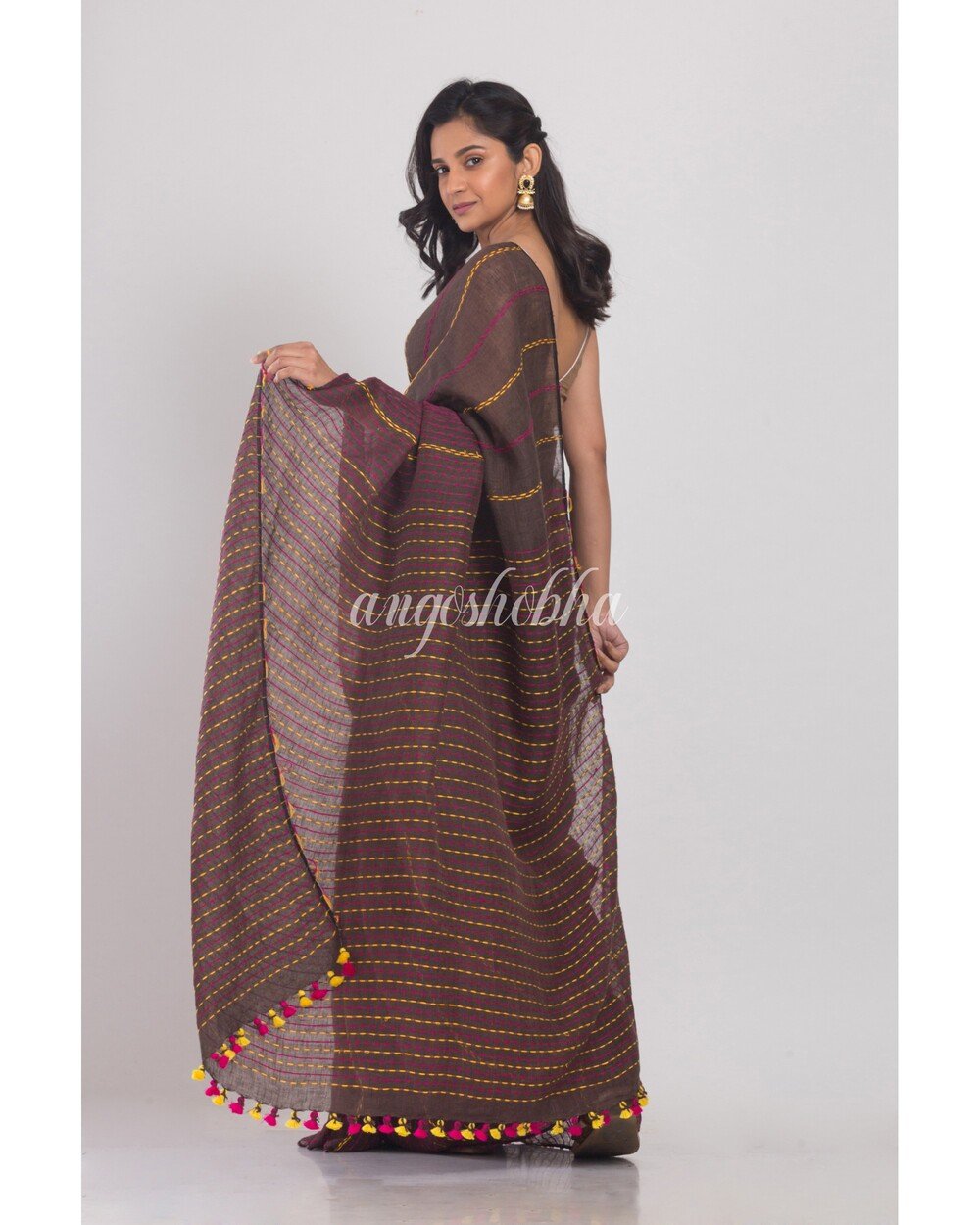 Women's Dark Brown Handwoven Linen Saree