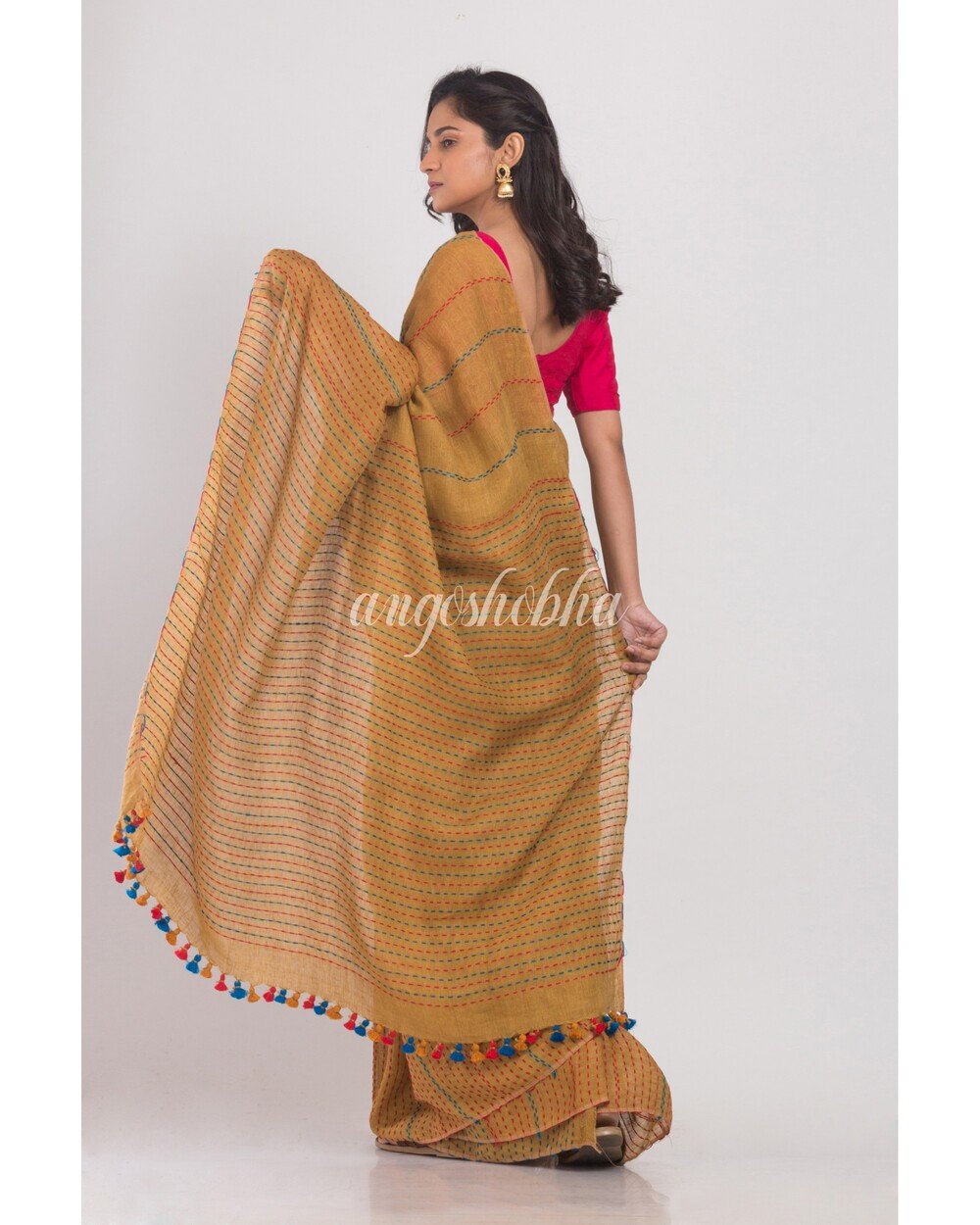 Women's Mustard brown handwoven linen saree