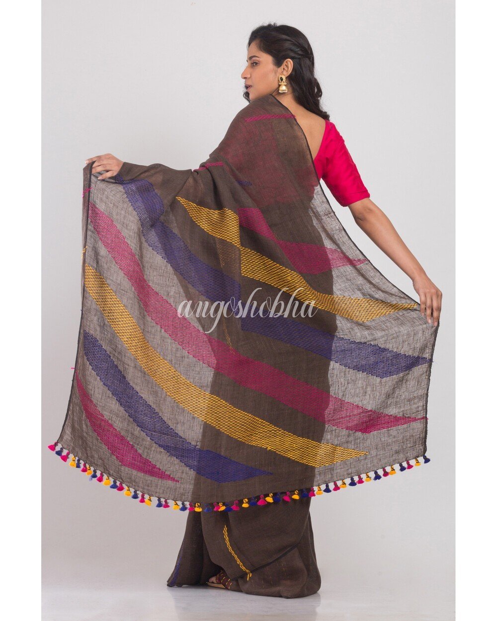 Women's Dark Brown Handwoven Linen Saree