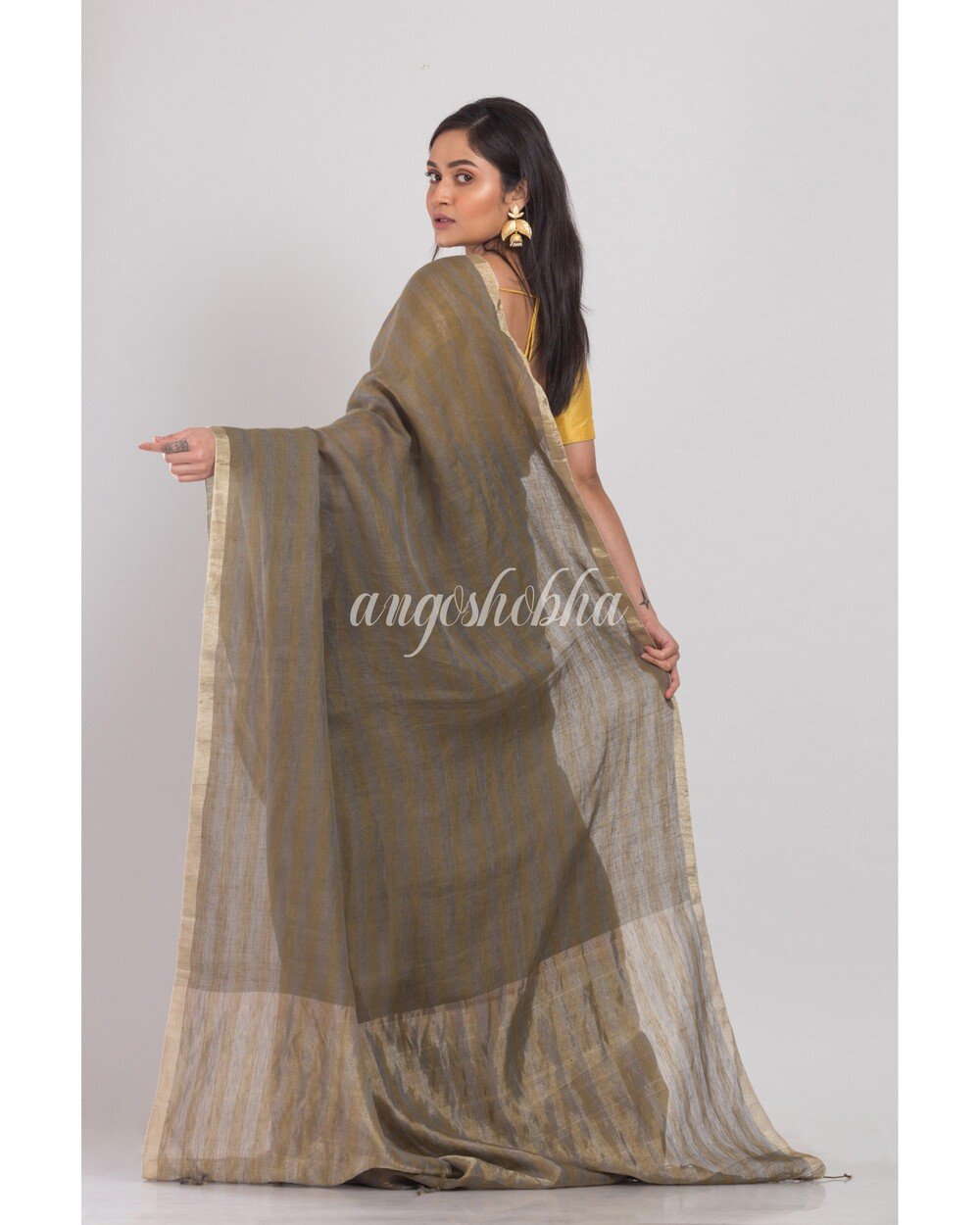 Women's Brown grey Handwoven Linen Saree