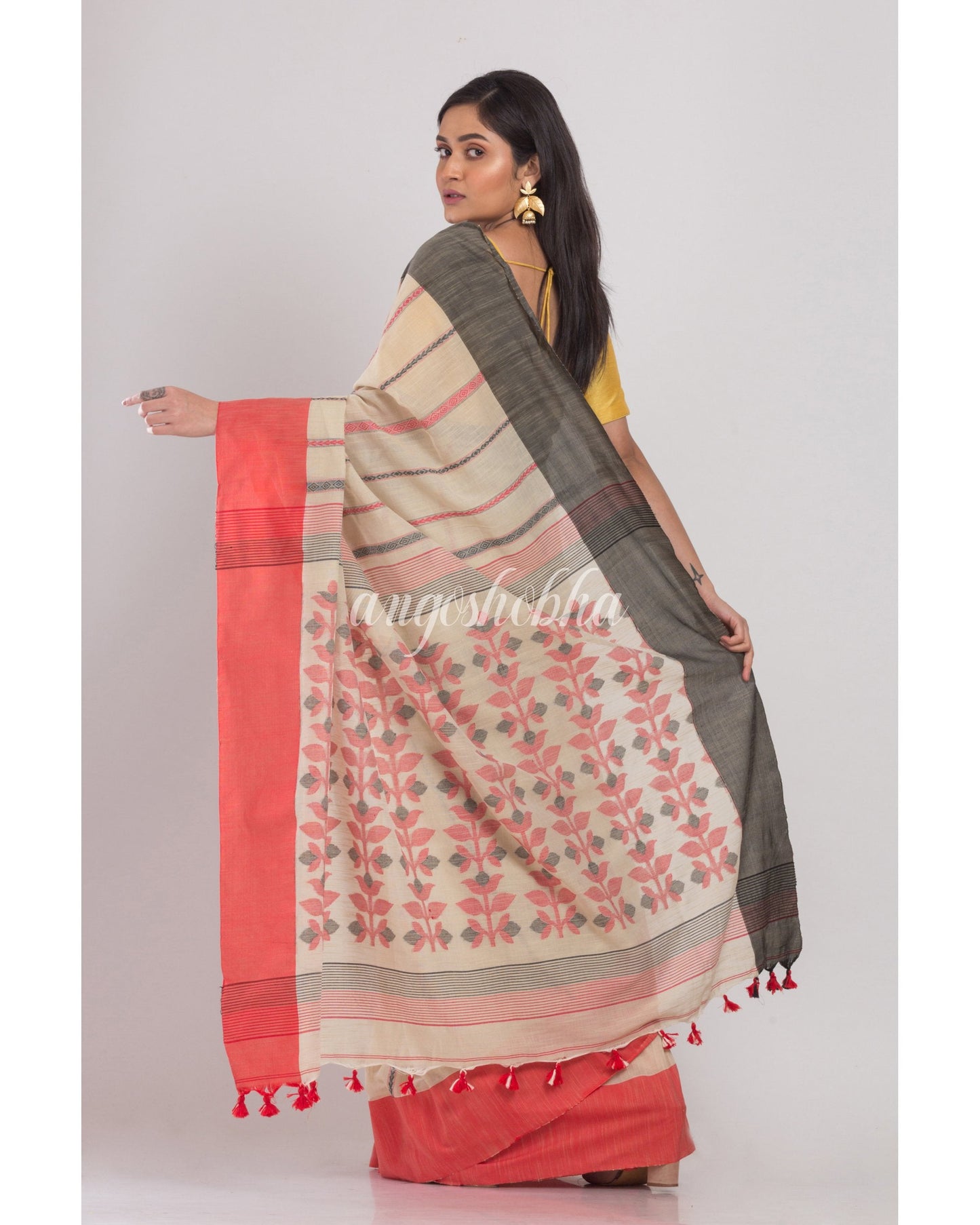 Women's Ash Grey Handloom Cotton Saree