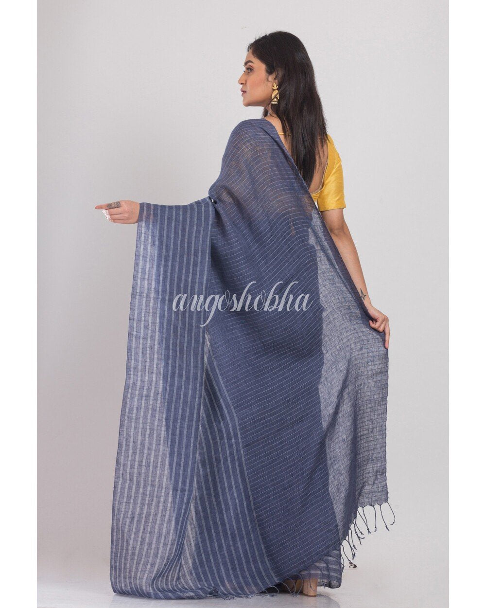 Women's Blue Grey handwoven Linen Saree