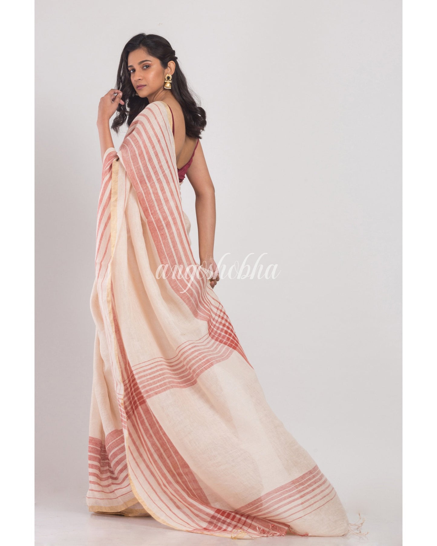 Women's Off White Handloom Linen Saree