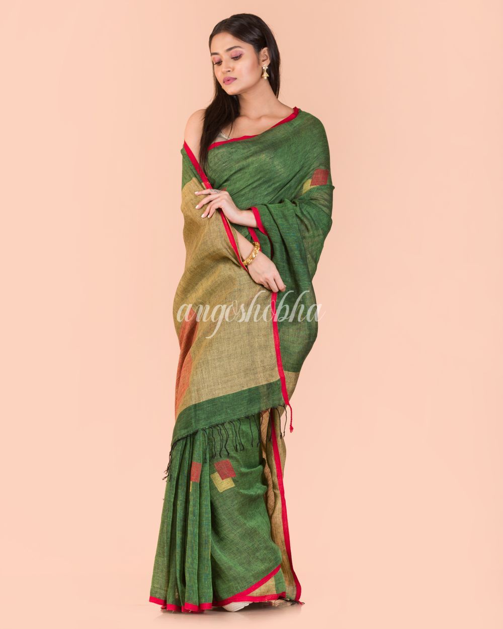 Women's Green Handwoven Linen Saree