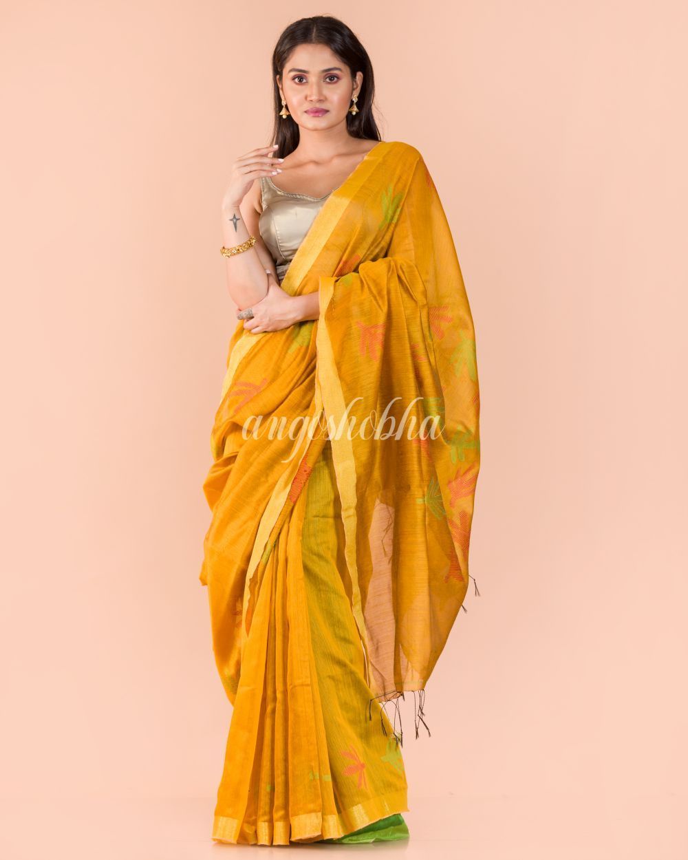 Women's Yellow Blended Cotton Jamdani Saree
