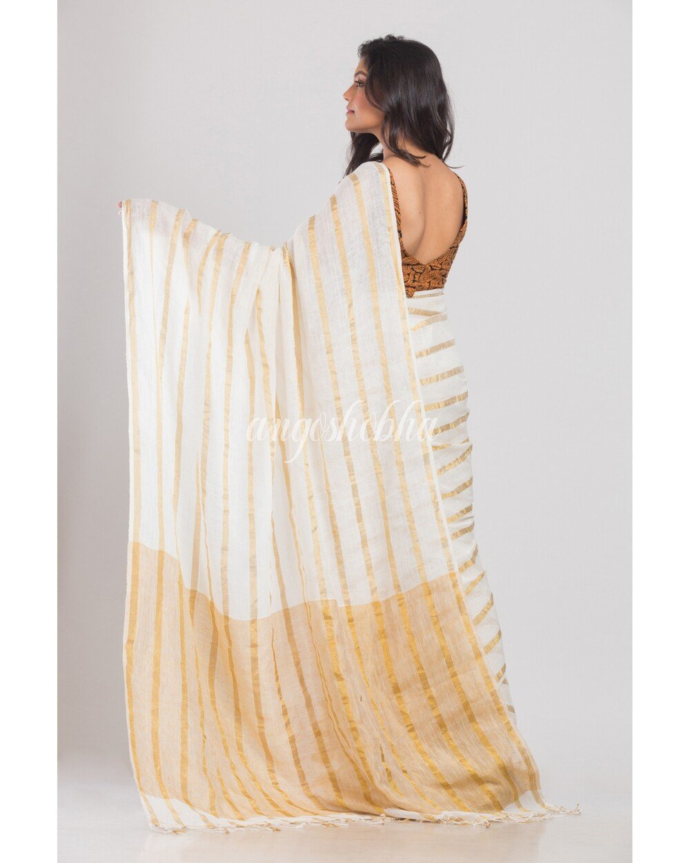 Women's White Handloom Linen Saree