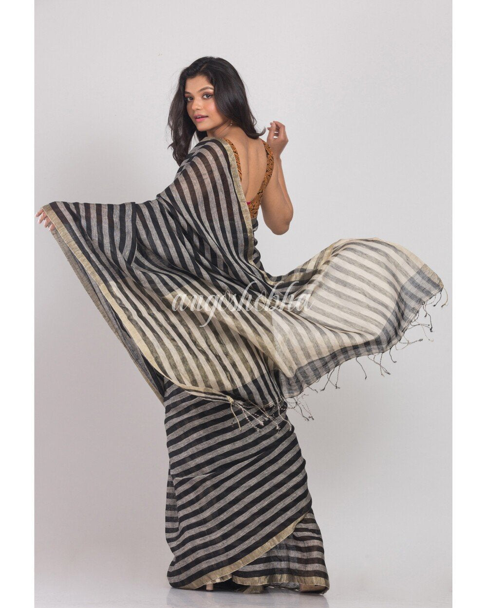 Women's Grey Handwoven Linen Saree