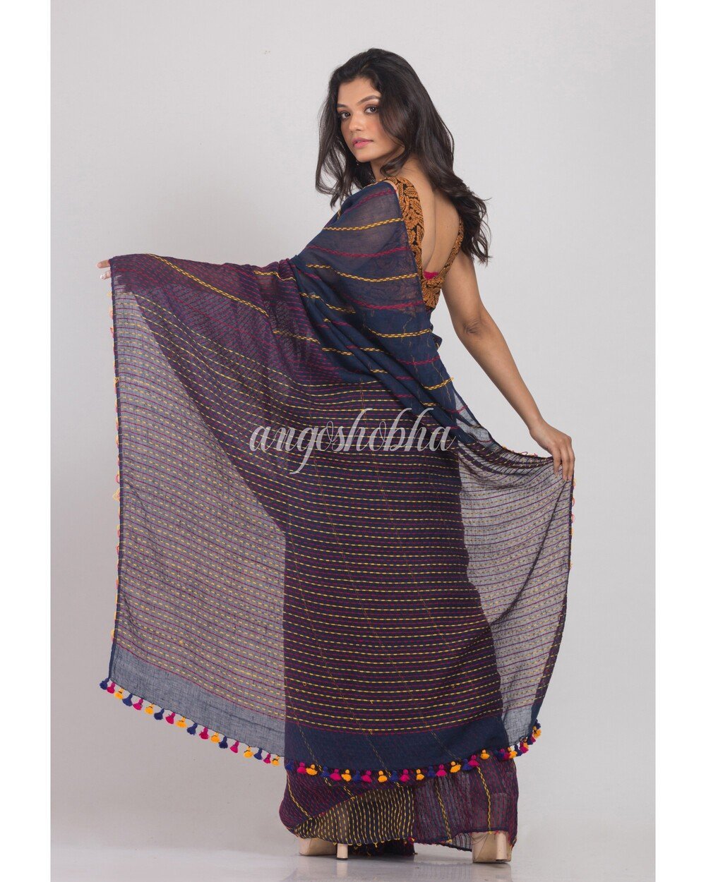 Women's Blue Handwoven Linen Saree