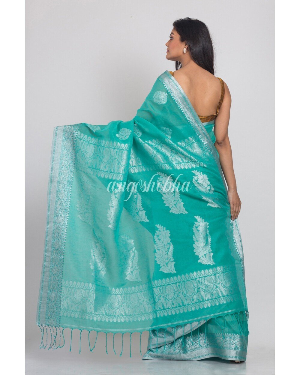 Women's Turquoise Handwoven Linen Saree