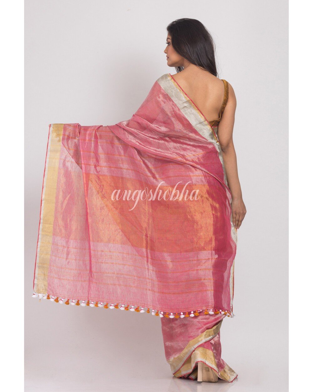 Women's Peach Handwoven Linen Tissue Saree