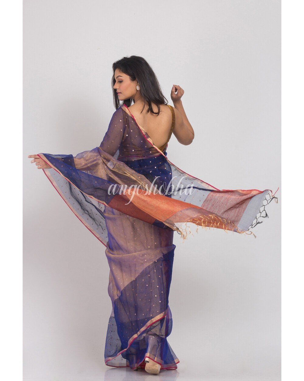 Women's Blue Sequins Handwoven Silk Saree