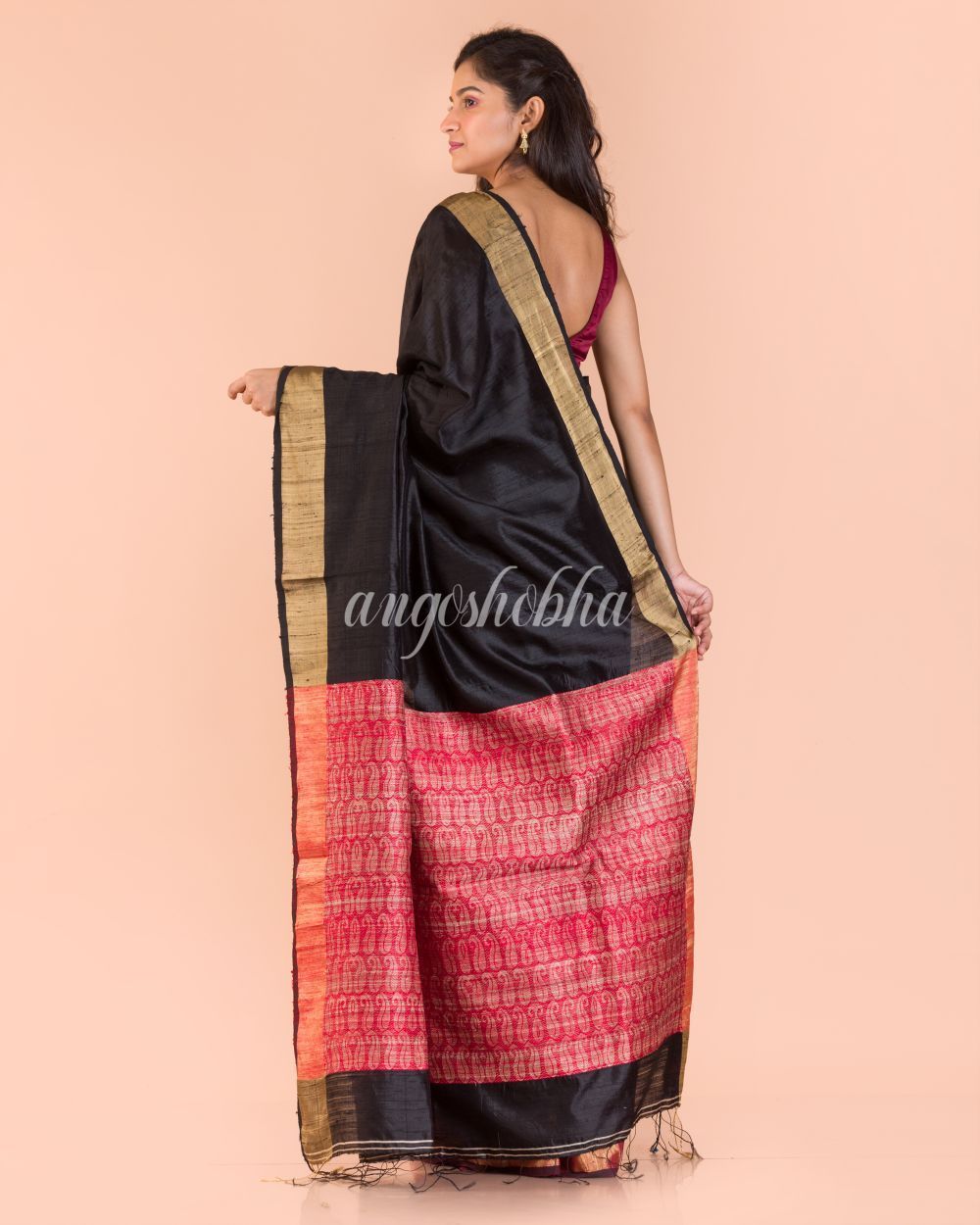 Women's Black Maroon Matka Silk Tangail Saree