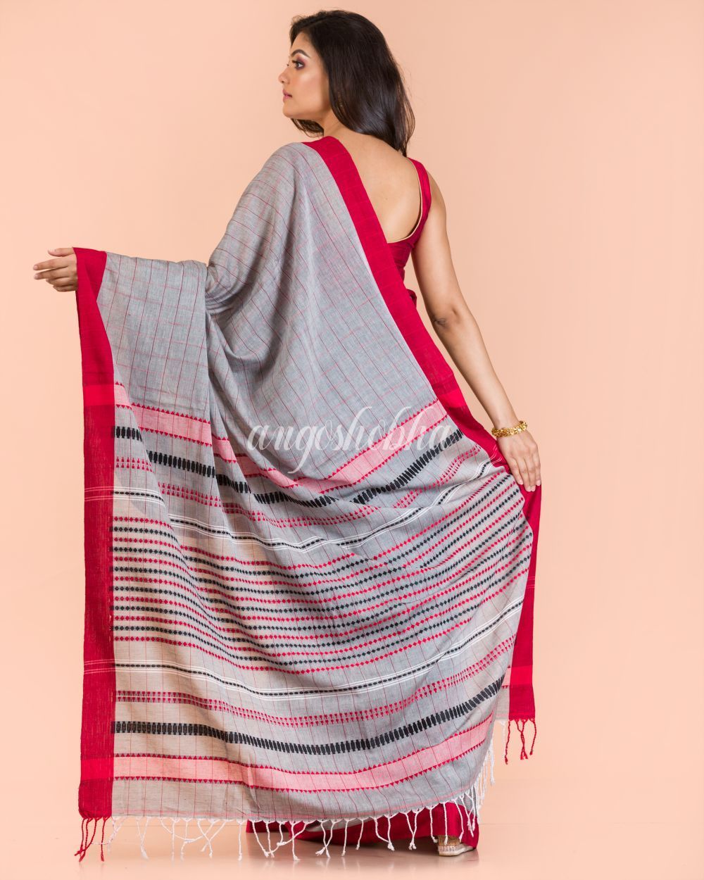 Women's Blue Grey Handwoven Cotton Saree