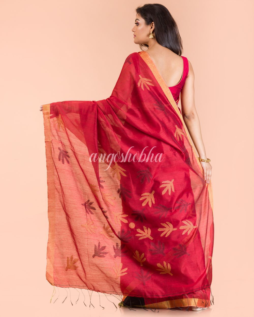 Women's Red Blended Cotton Jamdani Saree