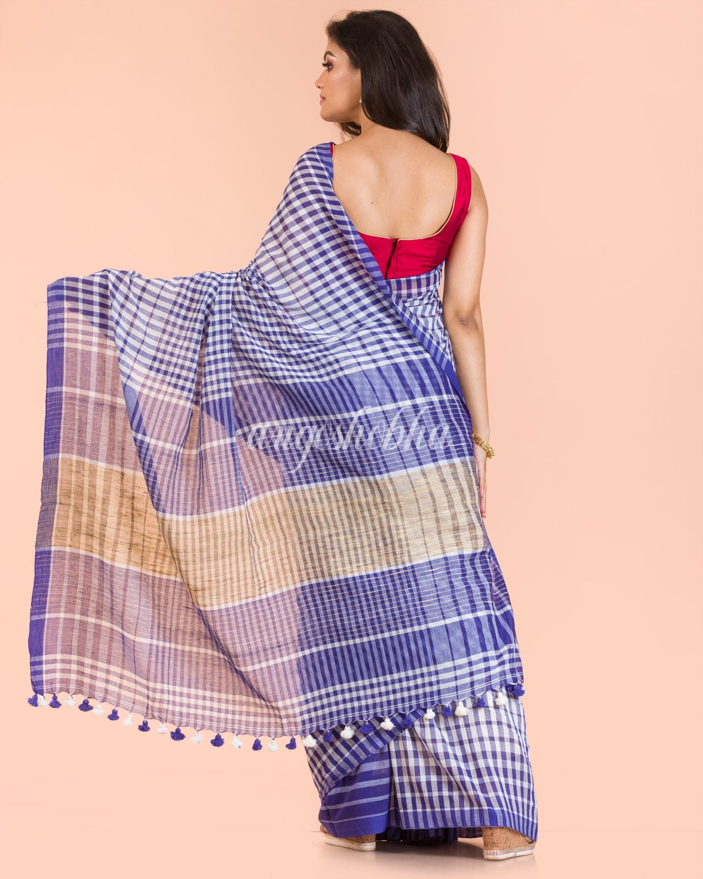 Women's Blue White Handwoven Cotton Saree