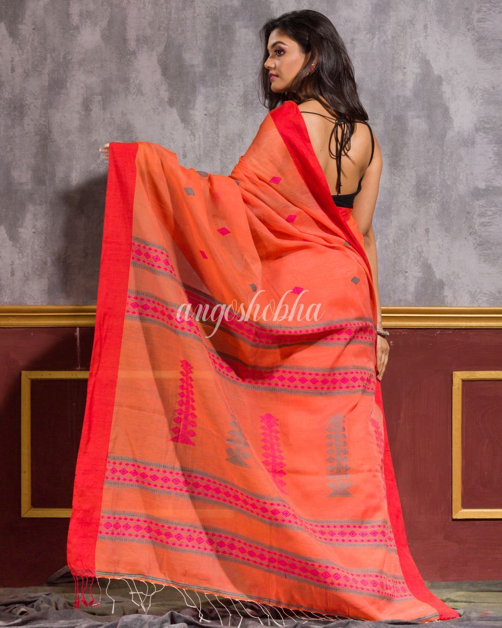 Women's Orange Handwoven Blended Cotton Saree
