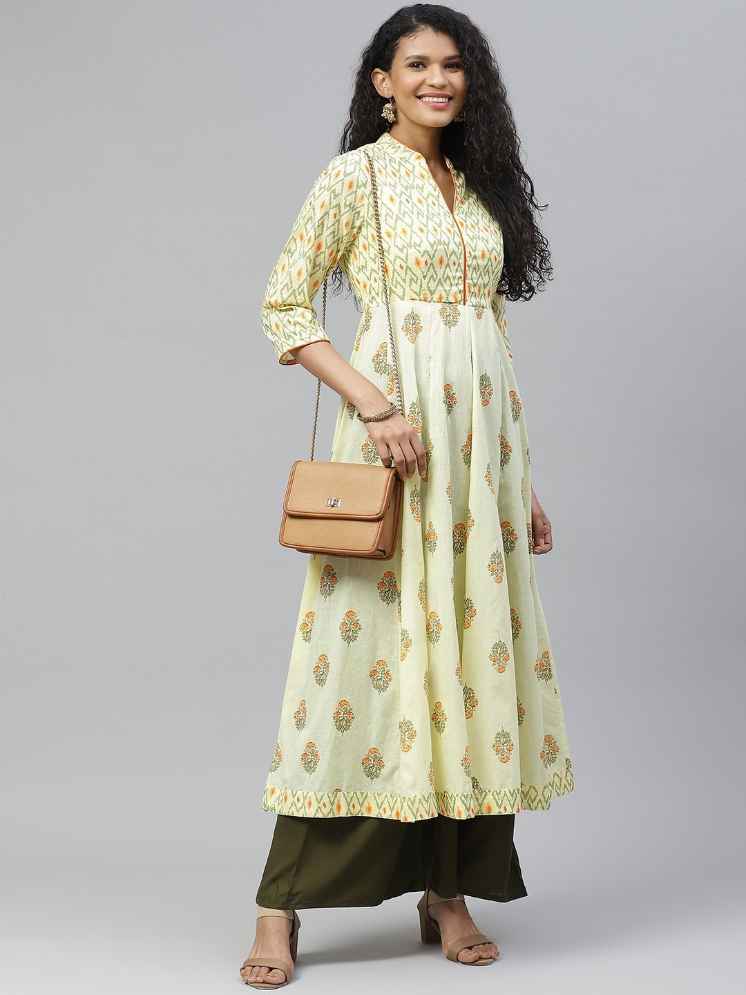 Women's Yellow Stylish Print Cotton Anarkali Kurta