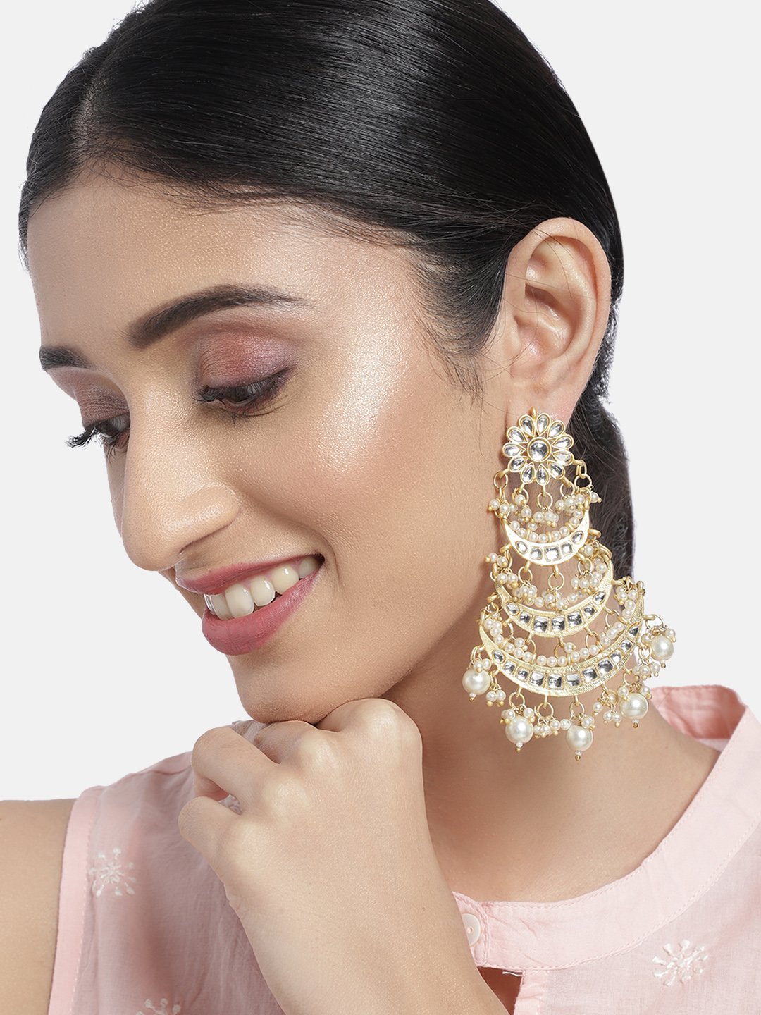 Women's Gold Plated 3 Layered Beaded Chandbali Earrings With Kundan And Pearl Work