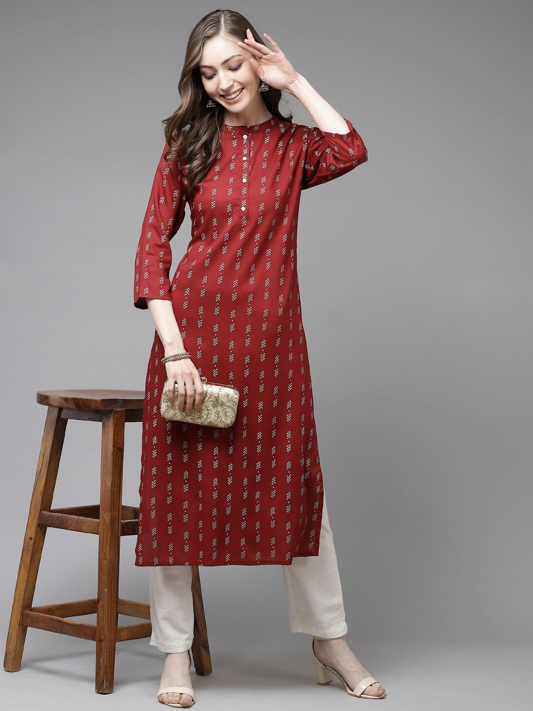 Women's Maroon Printed Kurta