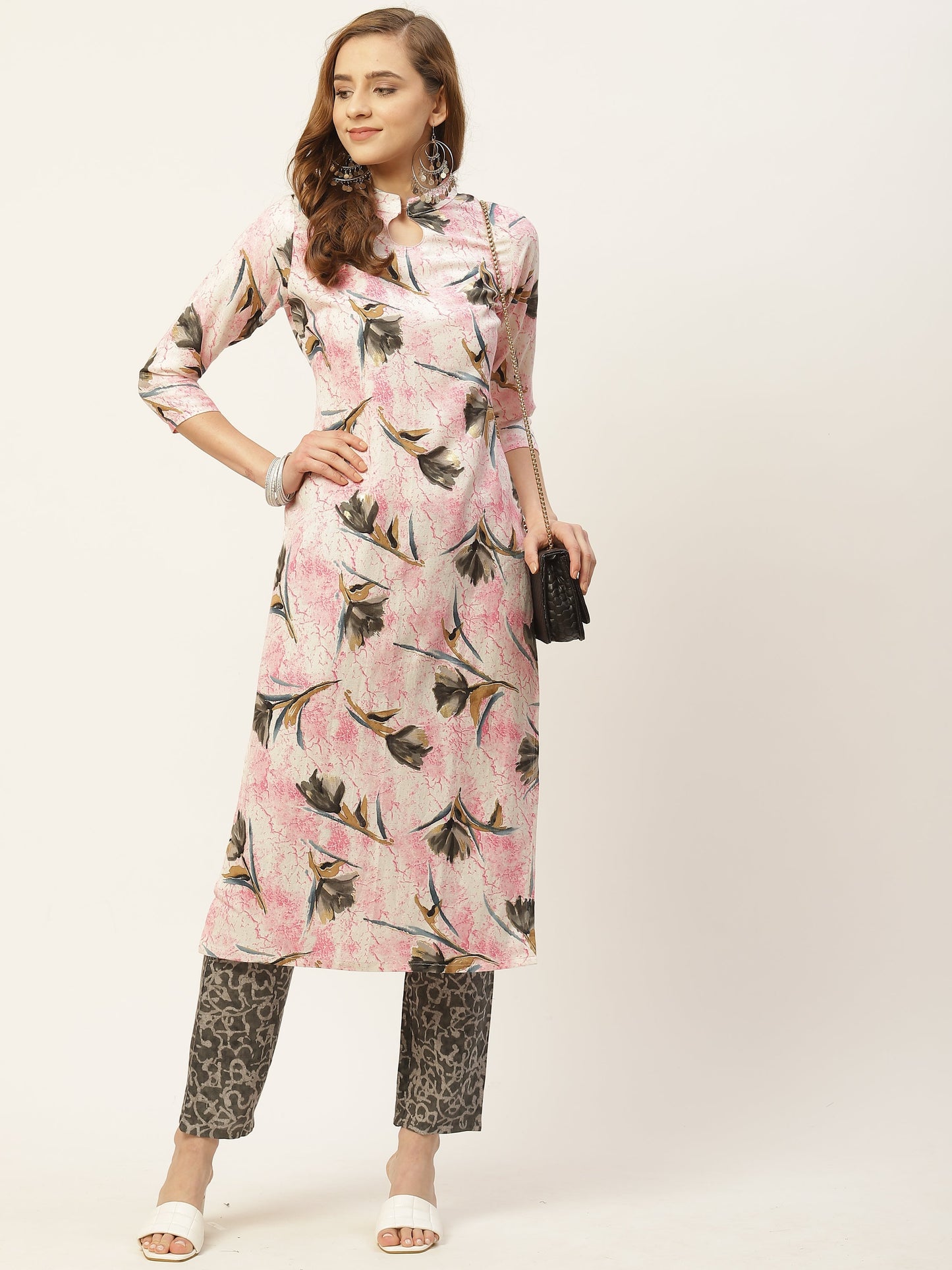 Women's Pink Color Rayon Blend Straight Foil Printed Kurta Palazzo Set