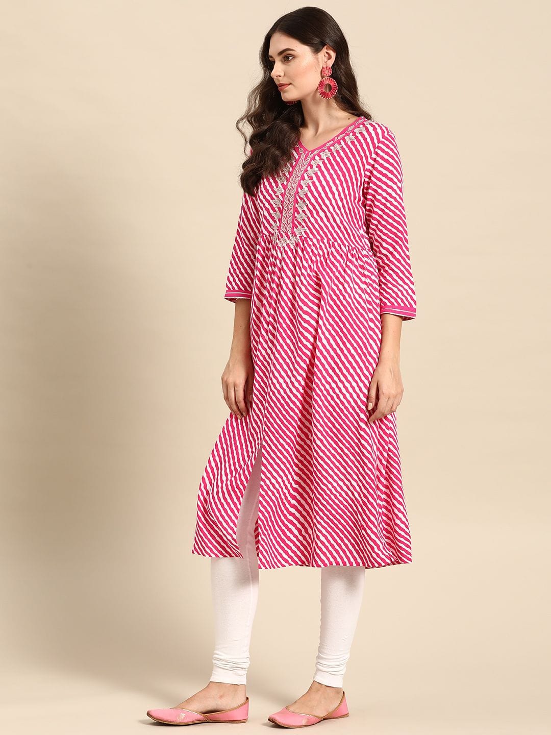 Women's Pink & White Striped A-Line Kurta