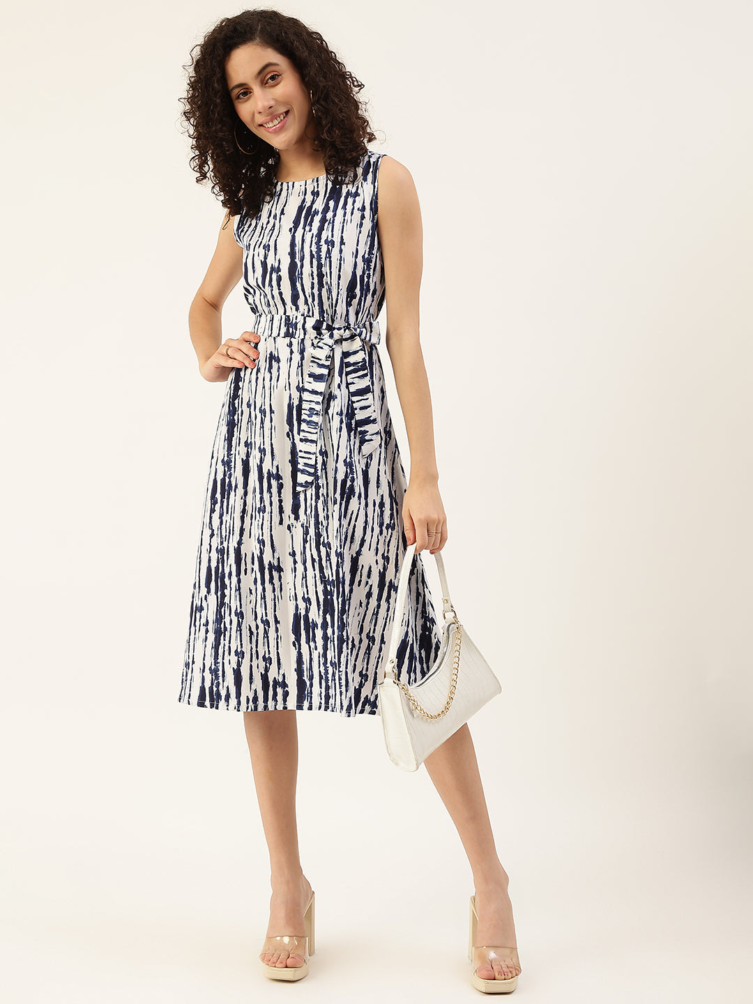 Women's White Color Chiffon Self Design A-Line Knee Length Dress